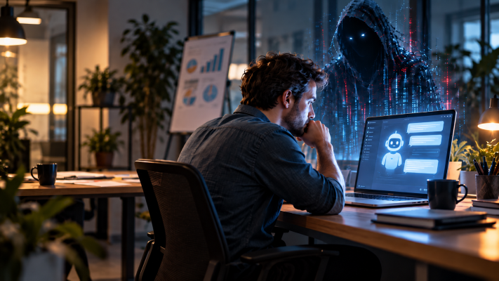 man listening to AI over his marketing company
